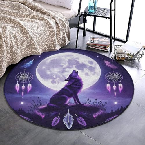 Soft Round Yoga Carpet, Large Home Decor Mat, Non Slip Machine Washable Kitchen Office Circle Rug Native Dream Catcher American Wolves