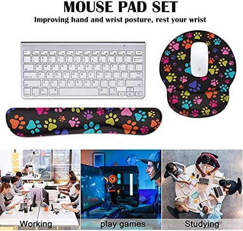 Keyboard Wrist Rest and Mouse Pad Wrist Rest Support Set with Coasters, Non-Slip PU Base for Gaming and Office, Comfortable & Lightweight for Easy Typing & Pain Relief - Colorful Dog Paw Print