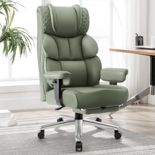 BestGlory Office Desk Chair, Big and Tall Leather Gaming Chair with Footrest, Wide Ergonomic Comfy Executive High-Back Reclining Computer Chairs, Swivel Rolling Wheels and Padded Lumbar Support, Green