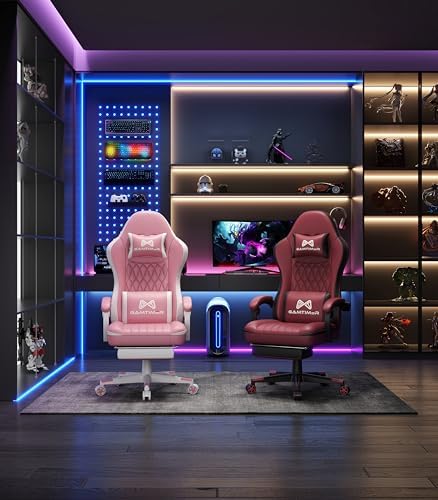 Gamtimer Gaming Chair with Footrest, Ergonomic Computer Chair, PU Breathable Material with Headrest and Lumbar Support, Suitable for Silla Gamer and Adults(Pink)