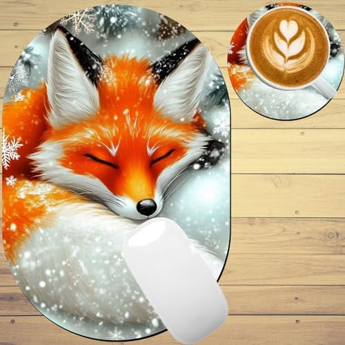 Small Mouse pad, Portable, Waterproof Non-Slip Rubber Bottom, Suitable for Wireless Mouse, Laptop Keyboard Tray for Both Men and Women, Office Travel 7.1x10.6in，Sleeping Fox in Snow