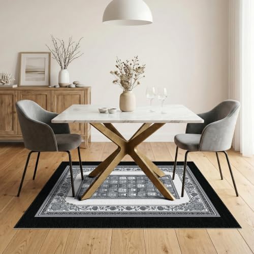 5'x7' Charcoal Gray Cat Motif with Vine Border Washable Area Rug