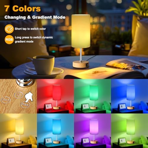 Unicozin Table Lamp with Wood Grain Base, 3 CCT 3000K/4500K/6500K & RGB Color Changing, Stepless Dimmable Small Bedside Lamp for Reading, Ambience Nightstand Light for Home Decor Party, White Shade