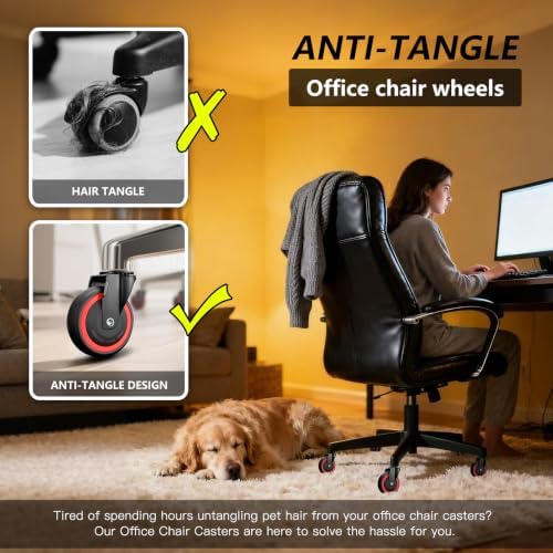 Office Chair Wheels Replacement, 3 Inch Heavy Duty Anti-Tangle Nylon Roller Wheels Set of 5, Office Desk Gaming Chair Black Casters for Hardwood Floors Carpet (11x22mm)