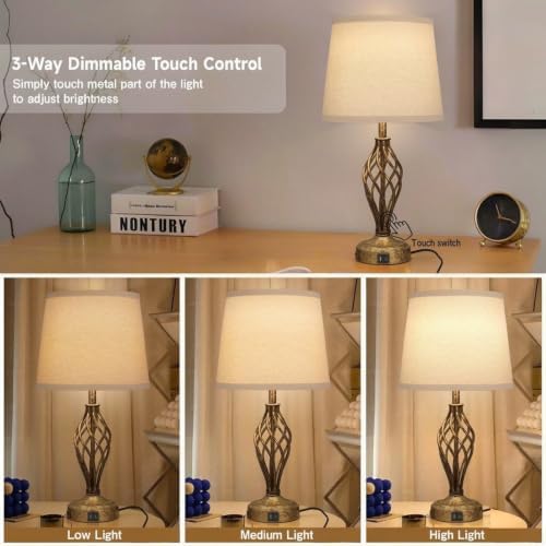 Ruiever Touch Table Lamps Set of 2, nightstand lamp with USB Ports Bedside 3 Way Touch dimmer Desk lamp for Living Room Bedroom,Antique Gold Spiral cage Base Design Warm White dimmer Bulbs Included.