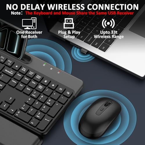 Wireless Keyboard and Mouse Combo,Soft Wrist Rest,Phone Holder(Black)
