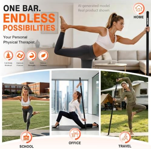Adjustable Yoga Stick for Stretching & Balance, Upgraded Workout Pilates Equipment for Back Posture Corrector, 4-Section Steel Mobility Bar for Flexibility, Physical Therapy, Exercise Training