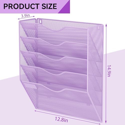 5 Pockets Hanging Wall File Organizer Mail Holder, Wall Mounted Paper Document Folder Holder, Clipboard Storage Organization Magazine Rack, Light Purple