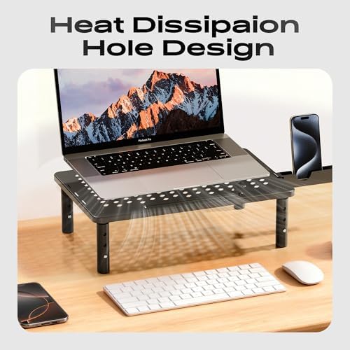 Computer Monitor Stand Riser for Desk, 3 Height Adjustable PC Laptop TV Desktop Monitor Stand Shelf, Metal Printer Table with Phone Holder, Stand Riser for Desk, Office Desk Organizers and Accessories, 1 Pack