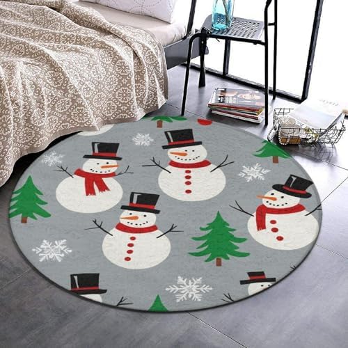 Fashion Round Area Rug Large Non Slip Carpet Unisex Home Decor Mat Snowman and Snowflake Pattern