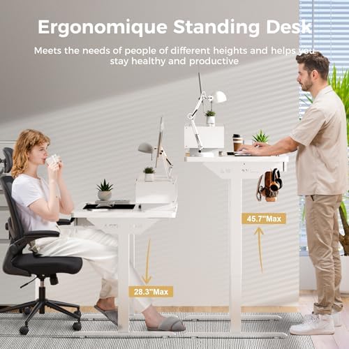 GTPLAYER Electric Standing Desk with Drawers, 55 x 24 Inch Height Adjustable Gaming Desk with Monitor Stand, Power Outlets & LED Lights, Home Office Sit Stand Up Desk with Memory Preset (White)