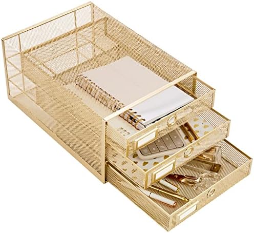 Annova Desk Organizer Wire Mesh 3 Tier Sliding Drawers Paper Sorter/Multifunctional/Premium Solid Construction for Letters, Documents, Mail, Files, Paper, Kids' Art Supplies (Gold)