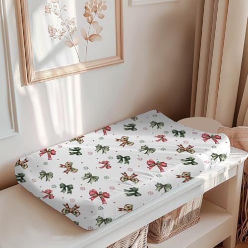 Watercolor Christmas Bows Winter Holiday Snowflakes Pattern Baby Changing Pad Cover, Unisex Bows Nursery Diaper Changing Table Pad Mat Sheet for Boys Girls-16x32