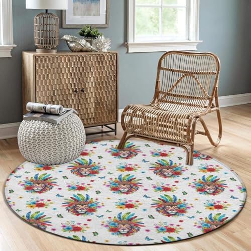 Large Home Decor Mat, Soft Round Yoga Carpet, Non Slip Machine Washable Home Office Circle Rug Colorful Lion Flowers Floral White Art, 36inch