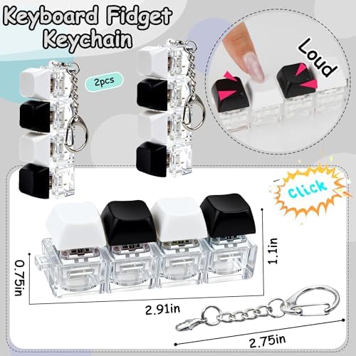 2 Psc Keyboard Fidget Toy, Keyboard Fidget Keychain 4-in-1 Keyboard Decompression Button Finger Clicker Toys, Button Stress Relief Fidget Gifts for Adult to Relief Stress (Black+White)