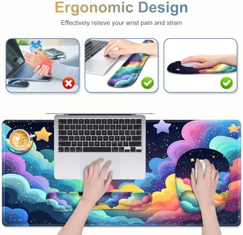Mouse Pad with Wrist Support 4 in1 Set, XXL Big Game Mousepad + Keyboard Wrist Rest + Mouse Wrist Rest Pad +Coaster Gaming Mat for Home Office Work Computer Laptop I Colorful Clouds Starry Night