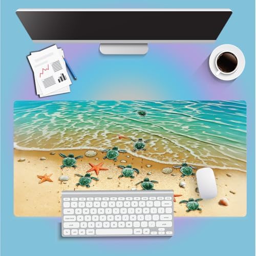 Sea Turtles on The Beach Painting Large Mouse Pad, Blue Ocean Desk Mat