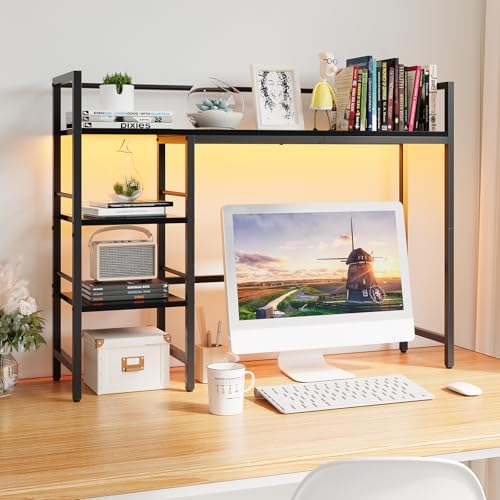 HavenlyYouth Desk Shelf with LED Light Strip, 3-Tier Storage Desktop Organizer Shelf, 38.6" Wood Desktop Bookshelf for Computer Monitor, Desk Hutch for Home Office Dorm, Black