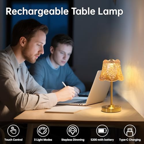 Shenmoyl Set of 2 Cordless Touch Table Lamp with 5200mAh Battery - 3 Adjustable Color Temperatures & Dimmable, Rechargeable Lamp for Bedsides, Living Room, Entryway, Bookshelves (Amber Rose)