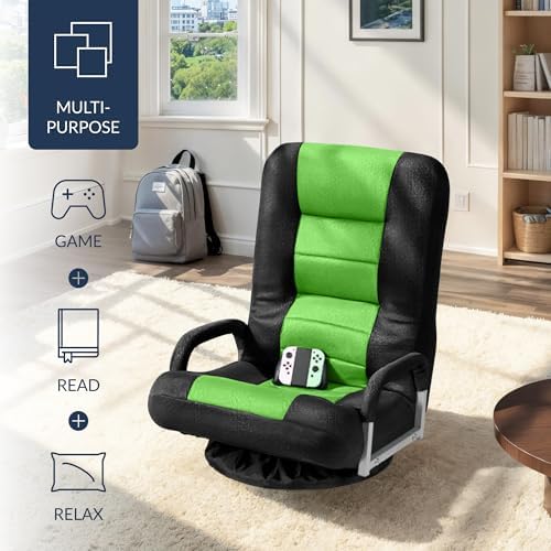Best Choice Products Swivel Gaming Chair 360 Degree Multipurpose Floor Chair Rocker for TV, Reading, Playing Video Games w/Lumbar Support, Armrest Handles, Adjustable Foldable Backrest - Black/Green