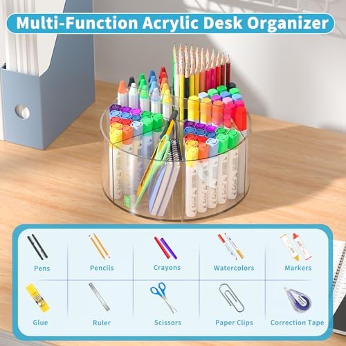 360 Degree Acrylic Desk Organizer Clear Pen Holder for Desk Kids 2 Packs
