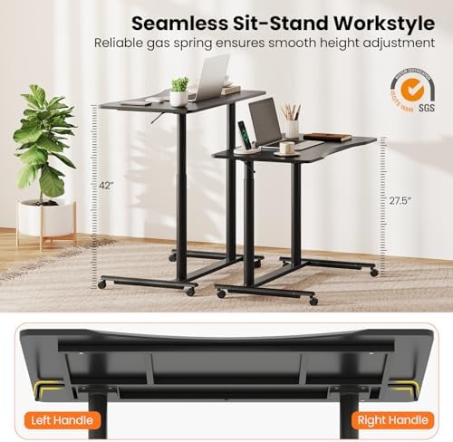 Tangkula Mobile Standing Desk, C-Shaped Sit Stand Desk with Adjustable Height, Lockable Wheels & Metal Frame, Rolling Laptop Desk, Portable Computer Workstation for Small Space (Black)