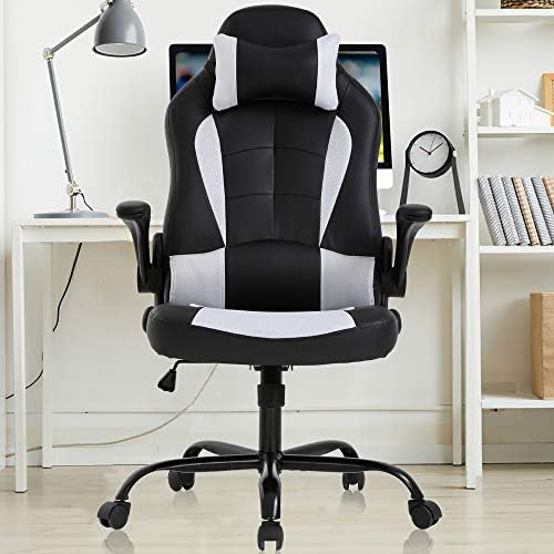 Ergonomic Gaming Chair - High Back Office Desk Chair with Lumbar Support & Flip-Up Arms, PU Leather Computer Swivel Task Chair, Adjustable Headrest Executive Racing Style Chair for Adults-White