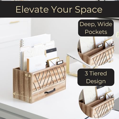 BLU MONACO | Natural Wood Desktop Mail Organizer with Drawer | Three-Tier Mail Sorter with Black Label Holders | Countertop Mail Holder & Document Storage for Home or Office
