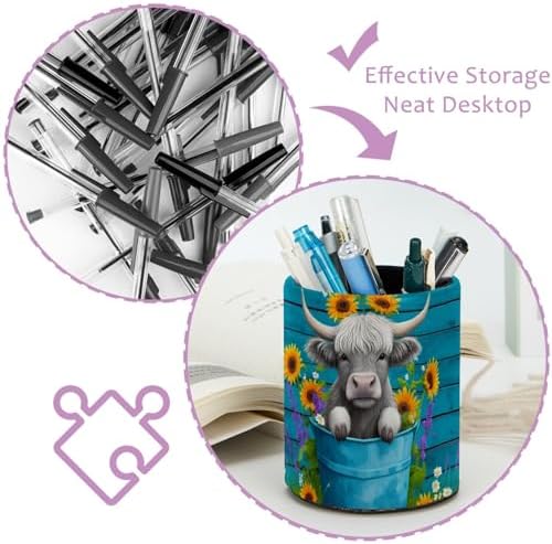 Highland Cow Rustic Teal Wood Pen Holder Pencil Organizer Cute Pencil Cup Desk Decor Makeup Brush Holder PU Multifunctional Office Supplies for Home Classroom School