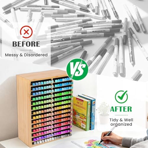 Bamboo Marker Organizer for 224 Markers, Desktop Marker Storage Holder