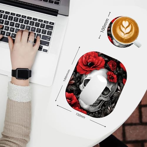 Small Mouse Pad，Mini Mouse Pad 6 x 7 Inch，for Laptop Keyboard Tray Wireless Mouse Home Office Travel，with Non-Slip Rubber Base, Waterproof Mouse Mat，Skull with Red Flowers