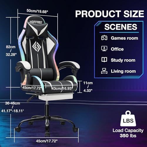 RGB Gaming Chair with Bluetooth Speakers LED Lights Computer Chair-White