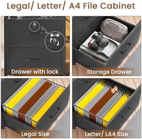 SEDETA 35.4” File Cabinet, Filing Cabinet fits Letter/A4 Size, 2 Drawe File Cabinets for Home Office with Power Strip, LED Lights, Lock, Open Shelf, Black