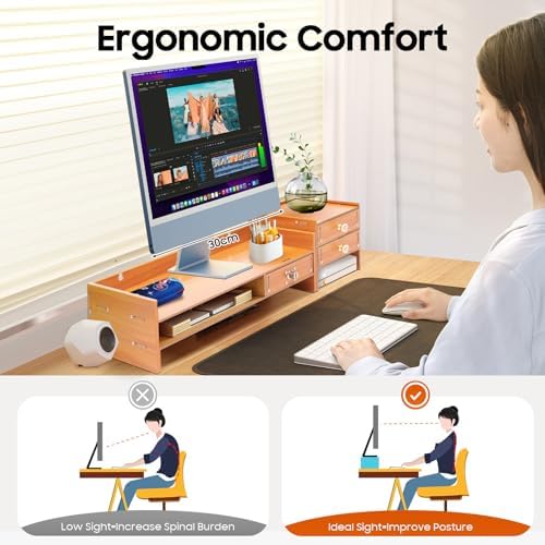 Wood Monitor Stand with Drawer, 18.9 Inch Computer Rack with Lockable Drawer and Phone Holder for Office Home Desk Organizer