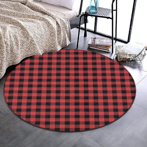 Large Round Area Rug Home Decor Modern Bathroom Rug Kitchen Office Circle Rug for Living Room Sofa Circle Cute Mat Christmas Tartan Red Black Buffalo Check Plaid, 24inch
