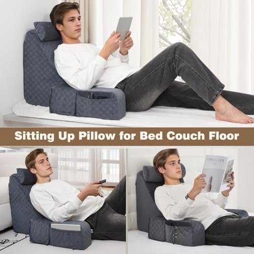 Vekkia 21'' Reading Pillow for Adults with XL Side Pockets, Adjustable Arms