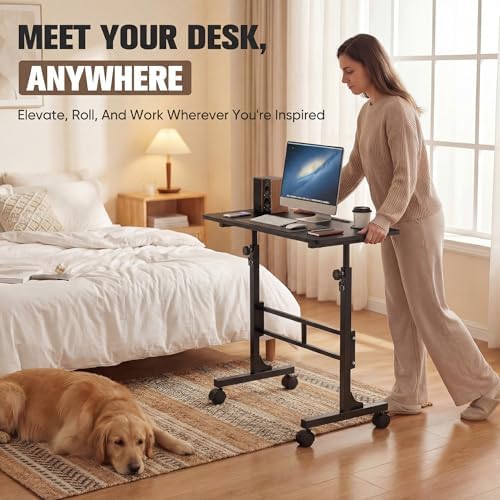 Furmax 31.4" Small Portable Standing Desk Height Adjustable with Lockable Wheels, Mobile Stand Laptop Computer Workstation for Walking Pad Treadmil (Black)