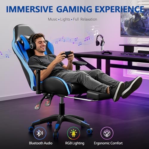 Mr IRONSTONE RGB Gaming Chair with Bluetooth Speakers, Ergonomic Gamer Chair with LED Lights, Vibration Lumbar Support, Footrest and High Back Reclining Design for Adults, Blue