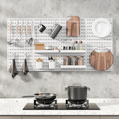 MULSAME Pegboard Combination Kit, Wall Mounted Storage Set with 4 Pegboards & 14 Accessories Hanging, White Peg Boards Organizer for Walls Display, Crafts Organization, Kitchen Organizer, 22" x 22"