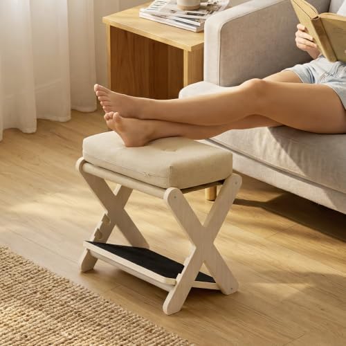 Adjustable Foot Rest Under Desk at Work, 16.6" Wide Wooden Ergonomic Footstool with 3 Height Options, Linen Cushion, Non-Slip EVA Stepping Surface & Posture Support for Office, Home & Gaming