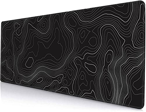 Gaming Mouse Pad, Large Topographic Mouse Pads for Desk, Non-Slip Rubber Base Mousepad, Keyboard Mouse Mat, Desk Pad with Stitched Edges, 31.5x11.8inch, Black Geographic Lines