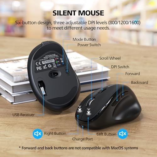 Bluetooth Wireless Mouse Ergonomic Vertical for Laptop Computer Macbook iPad Tablet Rechargeable Silent Click USB Carpal Tunnel Right Hand Compatible with Windows iOS Mac OS Android Black