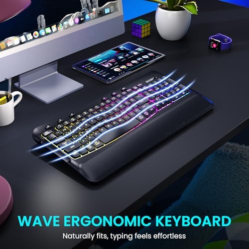 Ergonomic Wave Wireless Keyboard Mouse Combo, 9 RGB Backlit, Silent Keys