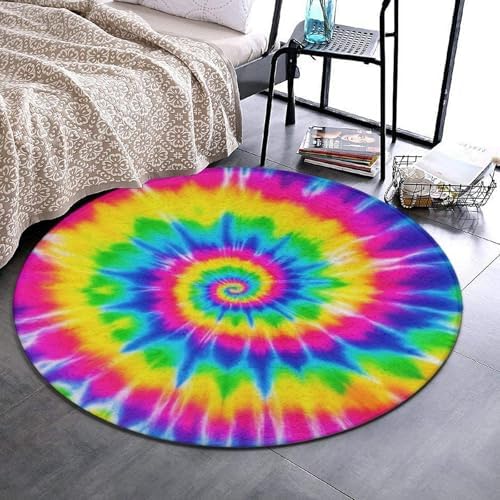 Fashion Round Area Rug Large Non Slip Carpet Unisex Home Decor Mat Red Blue Yellow Spiral Tie Dye Rainbow