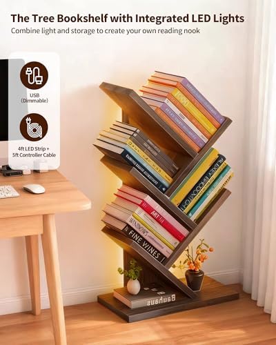 Small Bookshelf with Liting,5-Tier Desktop BookShelf LED for Office