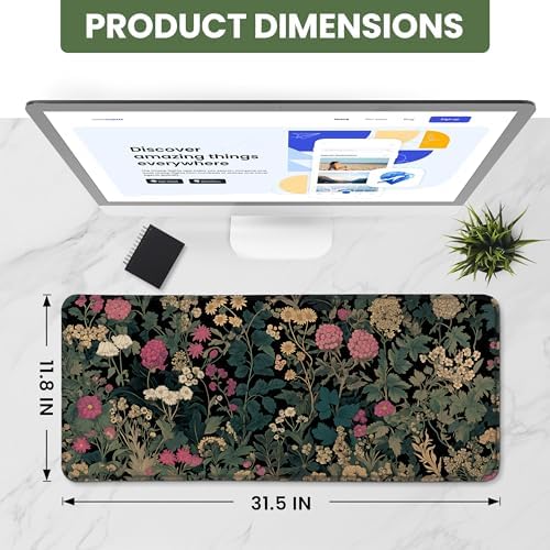 Aesthetic Desk Mat, Cute Vintage Garden Desk Pad Protector for Work & Decor, 31.5" x 11.8", Pretty Non-Slip Extended Mouse Pad for Office or Home