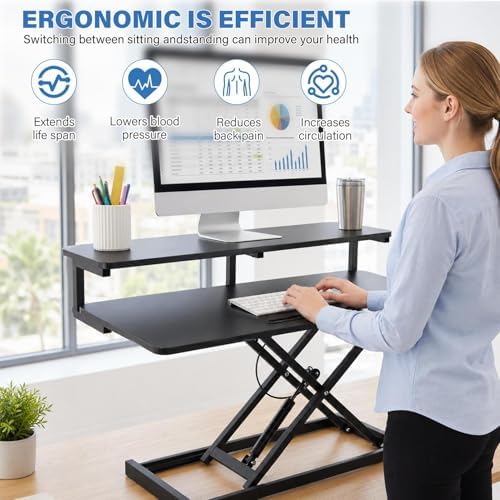 37" Height Adjustable Standing Desk Converter, 4.9" to18.5 Height Adjustable Sit Stand Up Desk Riser with Secondary Desks, Desktop Workstation Riser for Home Office Computer Laptop, Black