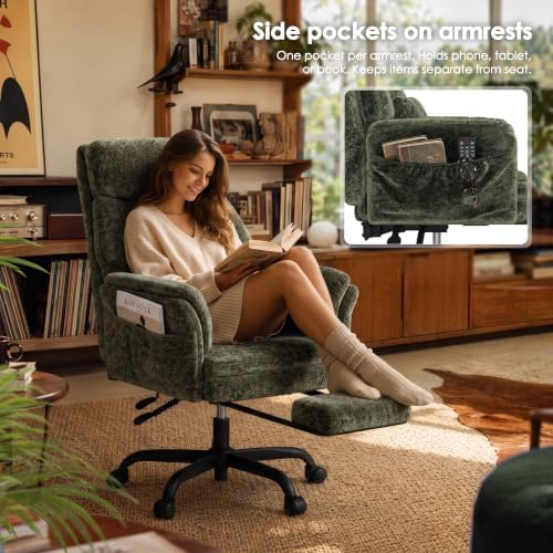 ELABEST C57 Ergonomic Reclining Office Chair with Footrest,Velvet Desk Chairs with 6-Stage Adjustable Wing Armrests for Cross Legged Sitting, Pet-Friendly High Back Lounge Gaming Chair for Home Office