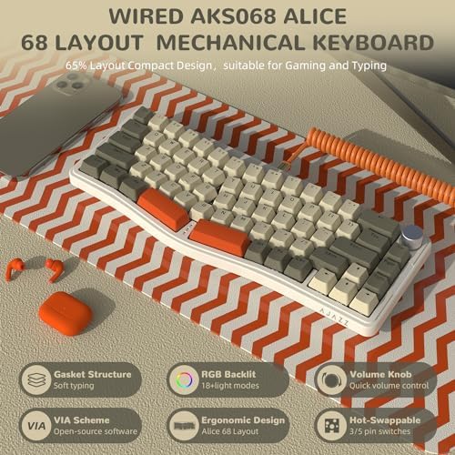AJAZZ AKS068 65% Wired Mechanical Gaming Keyboard with Coiled Cable, 68-Key Alice-Layout Mechanical Keyboard, RGB Hot Swappable Red Switches VIA/QMK Programmable Knob Gasket Mount for Win/Mac (Grey)