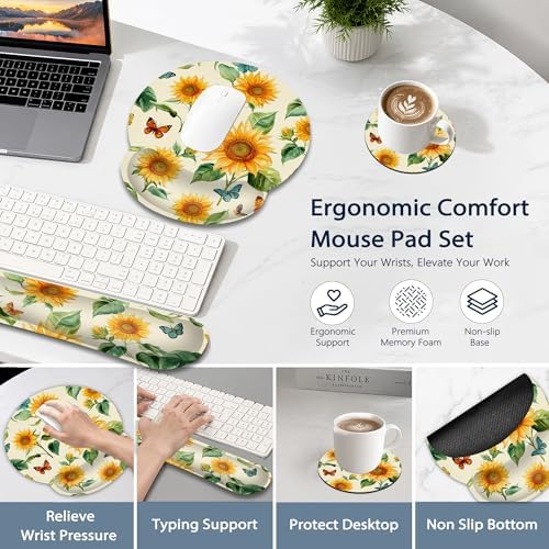Sunflowers Keyboard Wrist Rest Pad Ergonomic Mouse Pad Set,Butterfly 3 in 1 Memory Foam Mouse Pad with Non Slip Base for Office and Home